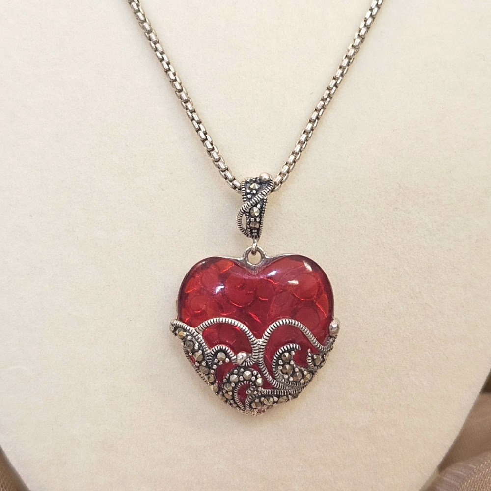 Ross Simons Vintage Sterling Silver 80s Marcasite & Red Glass Heart Pendant ONLY - Picture 1 of 8